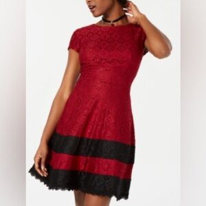 Teeze Me Burgundy Lace Lined Short Cap Sleeve Mini Dress Fit & Flare Jewel Neck